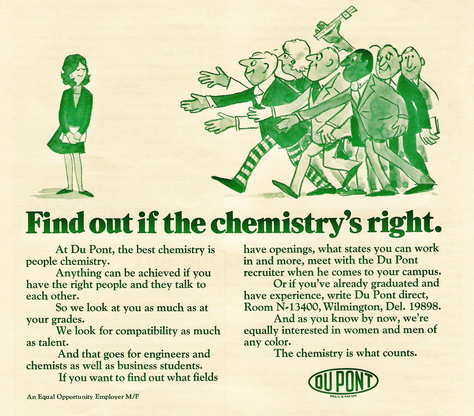 An advertisement by DuPont soliciting female employees, 1974